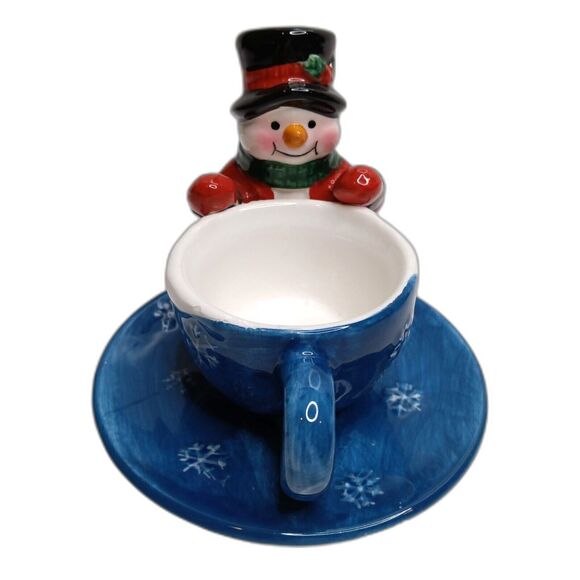 Christmas Ornament Snowman and Teacup Tealight Ceramic Candle Holder Decor - Picture 4 of 9